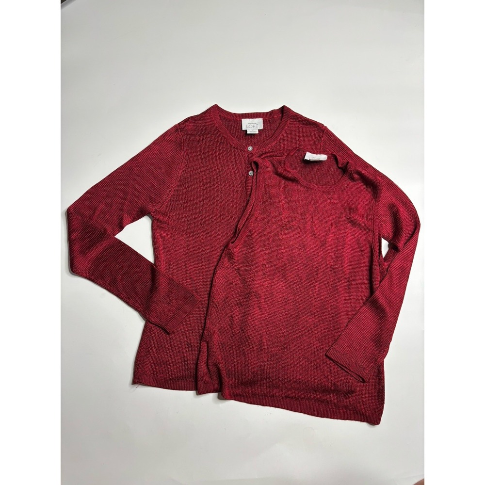 Ann Taylor LOFT Women's M Red Shimmer Twinset Cardigan & Tank Set Old Money